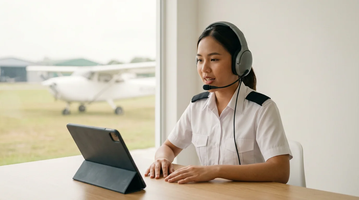 A cadet in a headset practises speaking with a tablet at a desk in a bright briefing room.