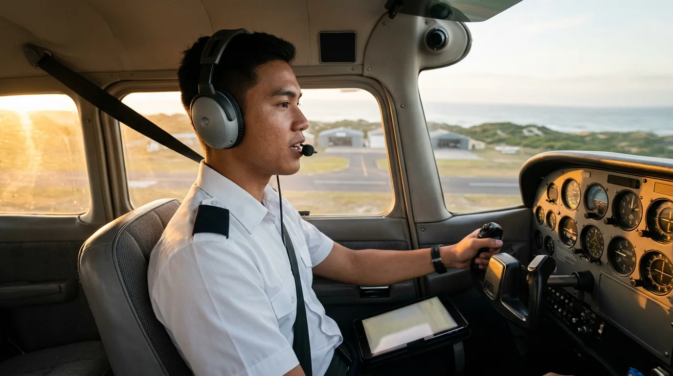 A pilot cadet in a headset speaks into the microphone in a training aircraft cockpit at golden hour, an iPad on the kneeboard.