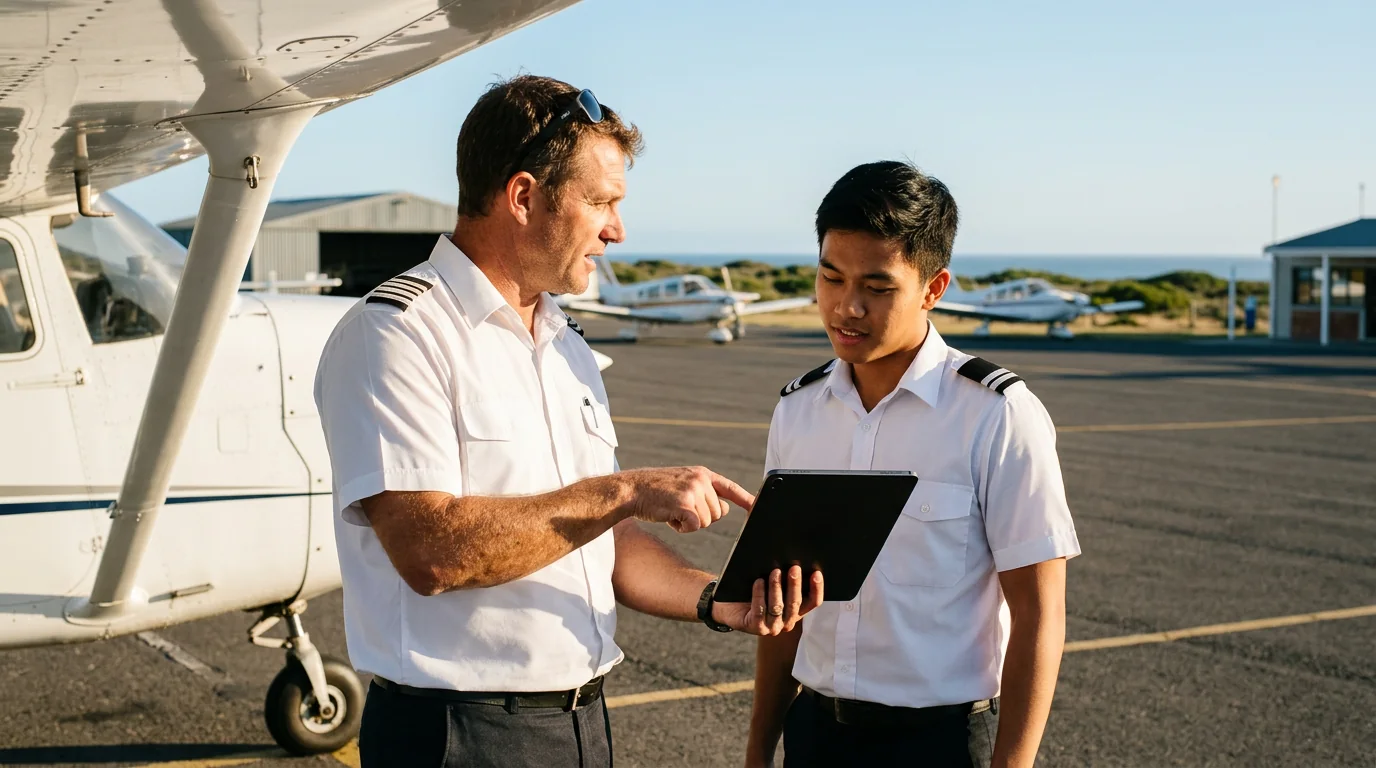 A flight instructor and a cadet review a tablet together beside a training aircraft.