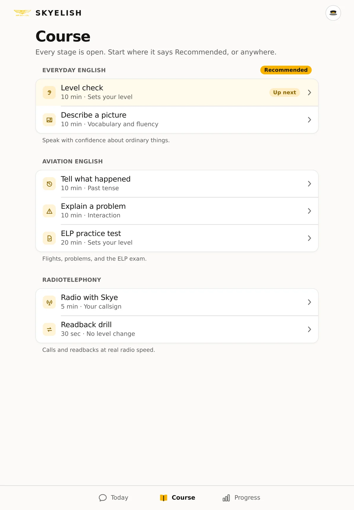 The Course screen on iPad, listing lessons in Everyday English, Aviation English and Radiotelephony.